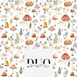 May include: A seamless pattern featuring watercolor illustrations of mushrooms in various colors and sizes, including red, orange, and yellow. The mushrooms are surrounded by green ferns and leaves, creating a whimsical and natural design.