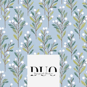 May include: A repeating pattern on a light blue background featuring brown stems with green leaves and white berries. A white rectangular overlay in the center displays the black text DUO Designed Studio in a serif and script font combination.