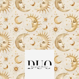 Boho Moons and Suns Seamless Pattern, Repeat Tile Surface Pattern, Fabric Digital Paper Download Commercial Licence Non-Exclusive