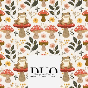 May include: A seamless pattern featuring frogs sitting on red and white mushrooms with brown stems. The background is a cream color with green leaves, yellow flowers, and small pink flowers.