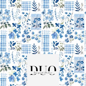 May include: A seamless pattern featuring blue floral and gingham elements on a white background. The design includes various blue flowers, green leaves, and blue and white checkered squares. The text "DUO Designed Studio" is at the bottom.