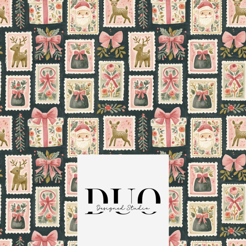 Patterned Text Box Background Santa Postage Stamps Seamless Pattern, Father Christmas Surface Pattern ...