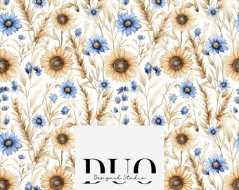Könnte beinhalten: Ein nahtloses Muster mit Aquarell-Illustrationen von Sonnenblumen, blauen Wildblumen und Weizenähren auf weißem Hintergrund. Das Muster ist perfekt für Stoffe, Tapeten oder andere kreative Projekte.