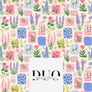 May include: A floral pattern featuring various flowers in pink, purple, yellow, and blue, set against a cream background. The design includes squares with different patterns and the text "DUO Designed Studio".