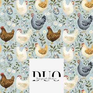 Chicken and Eggs Seamless Pattern, Farmyard Digital, Cute Chickens Background, Homesteading Background, Repeat Tile, Fabric Digital Download