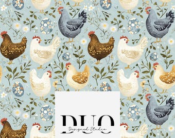Patrón sin costuras de pollos y huevos, fondo digital de granja, fondo de gallinas adorables, fondo de granja, mosaico repetido, descarga digital de tela