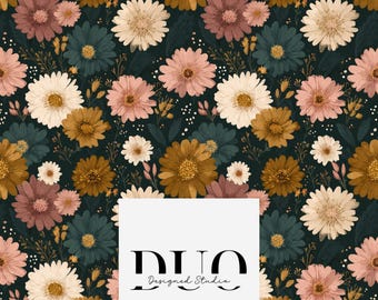 Dark Vintage Blooms Seamless Pattern, Floral Repeat Pattern, Flowers Background Pattern, Autumn Fabric Digital Paper, Commercial Use