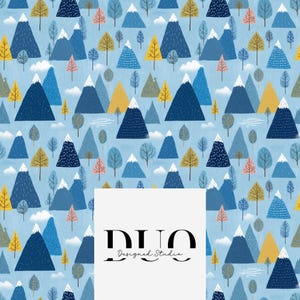 May include: A repeating pattern featuring stylized blue mountains with white snowcaps, interspersed with trees in shades of yellow, pink, and green. The background is a light blue with white clouds. The text "DUO Designed Studio" is in a white rectangle.