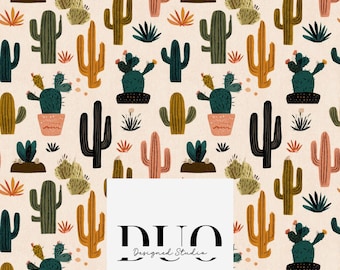 May include: A repeating pattern featuring various cacti in shades of green, brown, and pink, set against a cream background. The design includes potted cacti, spiky plants, and desert flora. The text "DUO Designed Studio" is in the lower center.