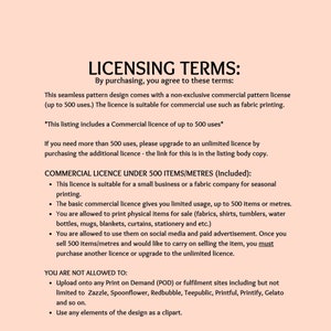 Peut inclure: Conditions de licence pour un motif sans couture. Cette licence commerciale autorise jusqu'&agrave; 500 utilisations pour l'impression sur tissu et d'autres utilisations pour les petites entreprises. La licence n'est pas destin&eacute;e &agrave; &ecirc;tre utilis&eacute;e sur des sites d'impression &agrave; la demande comme Zazzle, Redbubble ou Spoonflower.