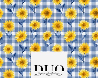 Patrón sin costuras de cuadros vichy de girasol azul y amarillo, fondo floral, diseño de tela otoñal, descarga de papel digital otoñal, uso comercial