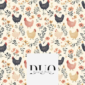 May include: A seamless pattern featuring black and brown chickens, pink and yellow chickens, and pink and yellow flowers on a cream background. The pattern is repeated throughout the image. The text "DUO Designed Studio" is in the centre of the image.