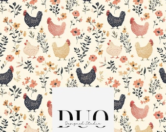 Patrón sin costuras Country Chic de Chicken Meadow, patrón de superficie repetida, patrón de tela, papel de descarga digital, licencia no exclusiva