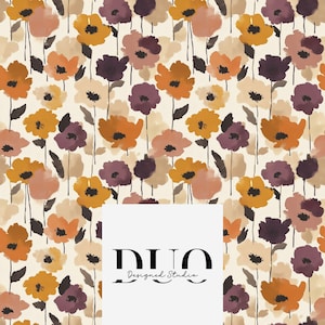 May include: Floral pattern featuring watercolor-style flowers in shades of orange, yellow, and purple on a cream background. The flowers have dark stems and are arranged in a repeating pattern. The image includes the text "DUO Designed Studio".