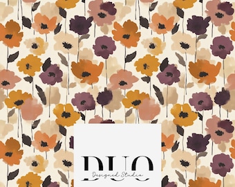 May include: Floral pattern featuring watercolor-style flowers in shades of orange, yellow, and purple on a cream background. The flowers have dark stems and are arranged in a repeating pattern. The image includes the text "DUO Designed Studio".