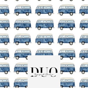 May include: A seamless pattern featuring a repeating design of blue and white vintage camper vans on a white background.