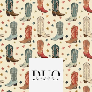 Cowboy Boots Seamless Pattern, Western Repeat Surface Pattern, Cowgirl Fabric Pattern, Digital Paper Download, Commercial Use