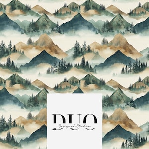 May include: A seamless pattern featuring a watercolor illustration of misty mountains in shades of blue, green, and brown. The mountains are layered with a soft, hazy effect, creating a sense of depth and tranquility. The pattern is perfect for adding a touch of nature to any project.