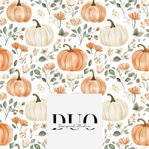 May include: A seamless pattern featuring watercolour illustrations of pumpkins and floral elements. The pumpkins are in shades of orange and white, and the flowers are in shades of green, brown, and white. The pattern is set against a white background.