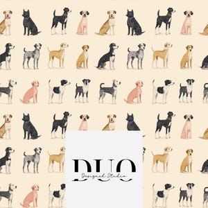 May include: A repeating pattern of various dog breeds in black, tan, white, and speckled grey on a light cream background. A white rectangular overlay in the centre features the black text DUO Designed Studio in a serif and script font.