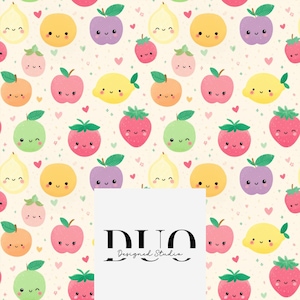 Adorable Fruits Seamless Pattern, Kids Seamless Pattern, Nursery Fruit Fabric, Digital Download, Kawaii Seamless Patterns, Commercial Use