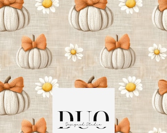 Linen Pumpkins and Daisies Seamless Pattern, Fall Autumn Background Pattern, Autumnal Fabric Pattern, Digital Paper, Commercial Use
