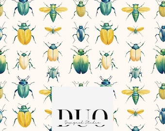 Green & Yellow Bugs Beetles Insects Seamless Watercolour Pattern, Repeat Surface Pattern, Fabric Pattern Digital Paper Licence Non-Exclusive