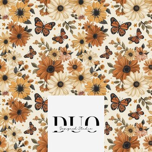 May include: A repeating pattern featuring orange and cream-colored flowers and orange butterflies on a cream background. The flowers have dark brown centers. The butterflies have black markings. The text "DUO Designed Studio" is in the lower center.