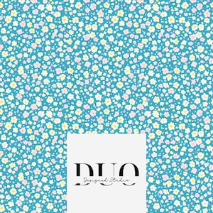 May include: A seamless pattern featuring tiny white, pink, and yellow flowers on a light blue background. The pattern is repeated throughout the image. The text "DUO Designed Studio" is in the lower centre of the image.