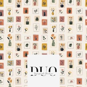 Puede incluir: Patrón repetido de ilustraciones florales en marcos cuadrados. El diseño presenta jarrones y plantas en macetas en varios colores, incluyendo naranja, amarillo y verde, sobre un fondo crema. El texto "DUO Designed Studio" está en la parte inferior.