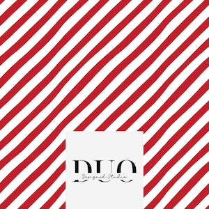 May include: Red and white striped background with a white square in the center. The square has the text "DUO Designed Studio" in black.