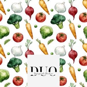 May include: A watercolor pattern featuring various vegetables, including tomatoes, carrots, broccoli, cabbage, onions, and beets, scattered across a white background. The design includes the text "DUO Designed Studio".