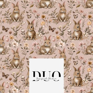 May include: A seamless pattern featuring brown bunnies sitting amongst pink and brown floral illustrations on a light pink background. The pattern includes butterflies and the text "DUO Designed Studio".