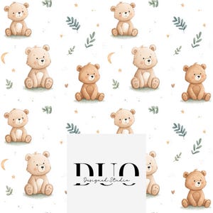 May include: A repeating pattern of watercolor teddy bears in various shades of brown, with green leaves, crescent moons, and stars on a white background. The bears are sitting, with a cute, friendly expression. The design includes the text "DUO Designed Studio".
