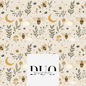 Patrón sin costuras de abejas y lunas, patrón de superficie de mosaico repetitivo, descarga de papel digital para tela. Licencia comercial no exclusiva.