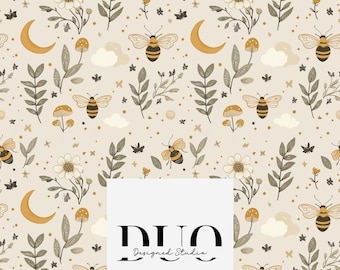 Modèle sans couture d'abeilles et de lunes, motif répété de surface de tuile, licence commerciale de téléchargement de papier numérique de tissu non exclusive
