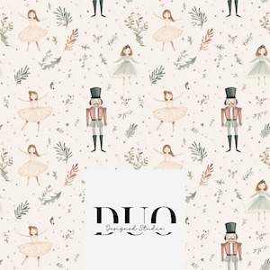May include: A seamless pattern featuring a watercolor illustration of a Nutcracker soldier and ballerinas in pink and green dresses. The background is a light pink with a delicate pattern of leaves, berries, and stars.
