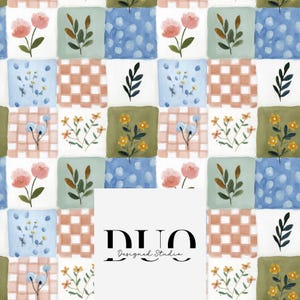 May include: A repeating pattern of squares with floral and leaf designs in pink, blue, green, and brown. The squares have various patterns, including polka dots, gingham, and solid colors. The text "DUO Designed Studio" is at the bottom.