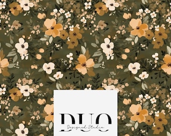 May include: Floral pattern featuring a repeating design of flowers in shades of gold, cream, and white against a dark green background. The design includes the text "DUO Designed Studio" in a white rectangle.