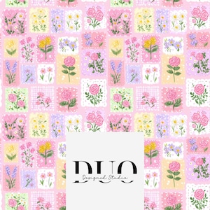 May include: A repeating pattern of floral postage stamp designs in pink, yellow, lavender, and white. The stamps feature roses, daisies, and other flowers. The background is a solid light pink colour. The text "DUO Designed Studio" is in the lower right corner.