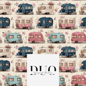 May include: A repeating pattern featuring vintage caravans in cream, blue, and pink, decorated with flowers. The caravans are set against a cream backdrop with scattered pink roses. The image includes the text "DUO Designed Studio."