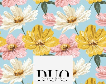 May include: A floral pattern featuring stylized flowers in shades of yellow, pink, and cream against a light blue background. The flowers have detailed petals and are arranged in a repeating pattern. The design includes the text "DUO Designed Studio".