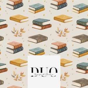 Peut inclure: Motif répété de livres de style aquarelle dans des tons de marron, bleu et jaune sur fond crème. Les livres sont empilés et parsemés de petites feuilles et de points. Le logo DUO Designed Studio est en bas au centre.