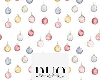 May include: A seamless pattern featuring watercolor painted Christmas ornaments in shades of pink, gold, gray, and blue. The ornaments are arranged in a repeating pattern on a white background. The text "DUO Designed Studio" is in the lower center of the image.
