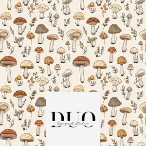 Op de afbeelding: Een naadloos patroon met verschillende soorten paddenstoelen in tinten bruin, oranje en beige. De paddenstoelen zijn getekend in een vintage stijl met ingewikkelde details. De achtergrond is licht crèmekleurig. Het patroon is perfect voor gebruik in stoffen, behang of andere ontwerp projecten.