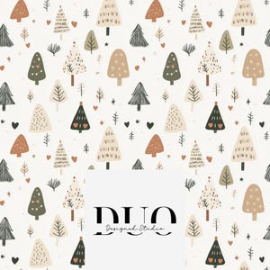 May include: A seamless pattern featuring a variety of stylized Christmas trees in shades of green, brown, and beige. The trees are decorated with hearts, stars, and lights. The pattern is set against a white background. The text "DUO Designed Studio" is centered at the bottom of the image.