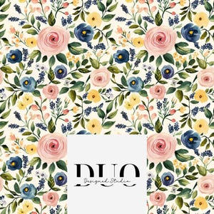 Delicate Summer Blooms Seamless Watercolour Pattern, Repeat Surface Pattern, Fabric Pattern Digital Paper Commercial Licence Non-Exclusive