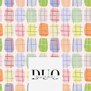 May include: A repeating pattern of colorful, grid-like shapes in various pastel hues, including pink, blue, yellow, and orange. The design features a soft, painterly aesthetic, with a white rectangle at the bottom containing the text "DUO Designed Studio."
