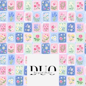 May include: A repeating pattern of floral postage stamp designs in pink, blue, and green. Each stamp features a different flower, including roses, daisies, and lavender. The background is a light blue colour. The text "DUO Designed Studio" is in the lower centre.