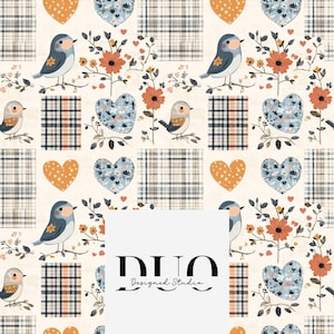 Puede incluir: Patrón repetitivo con pájaros, corazones y elementos florales sobre un fondo crema. El diseño incluye pájaros azules y naranjas, corazones punteados naranjas y corazones florales azules, junto con cuadrados a cuadros. El texto "DUO Designed Studio" está en la parte inferior.